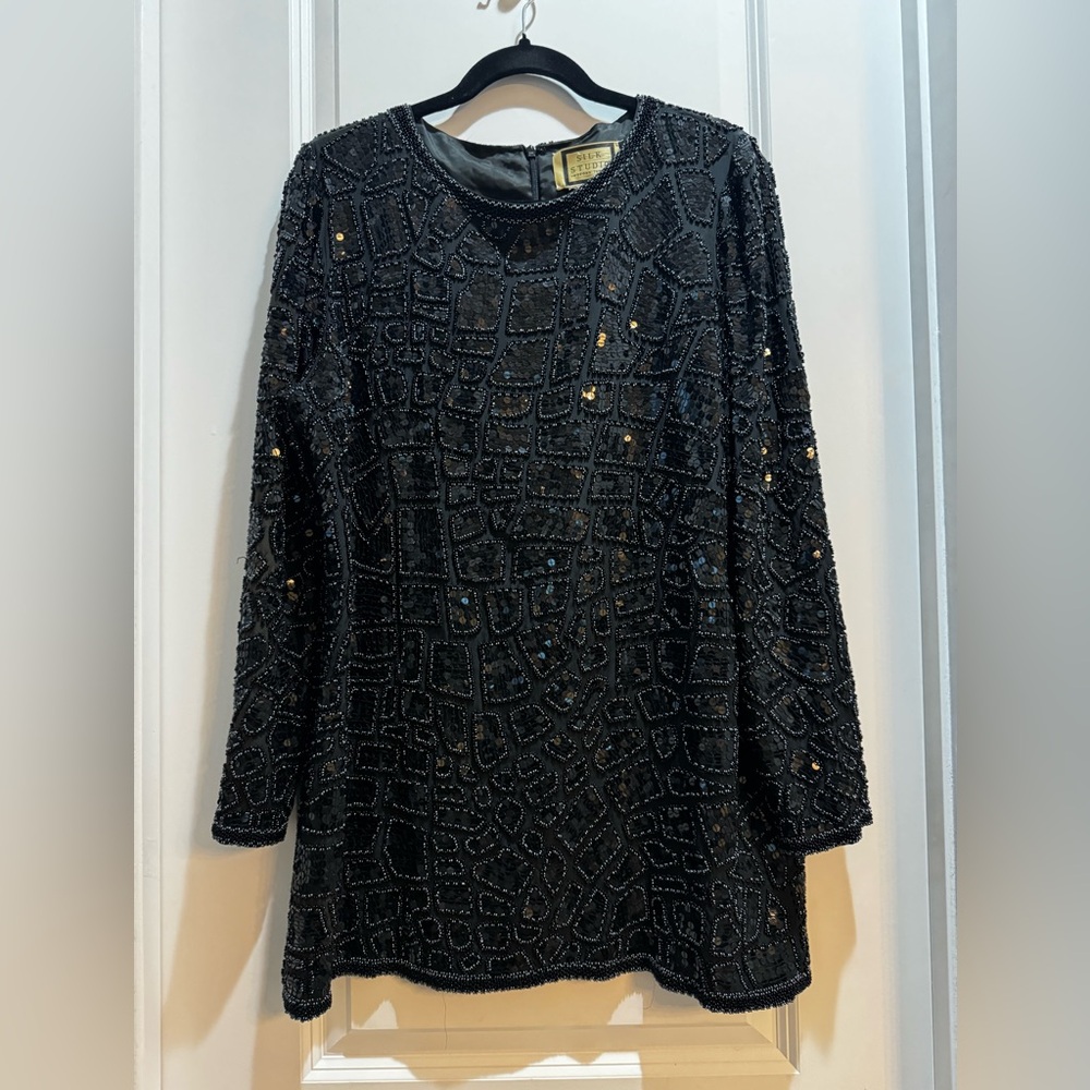 Silk Studio Morgan Taylor Beaded Black Tunic Round Neck Long Sleeves Large